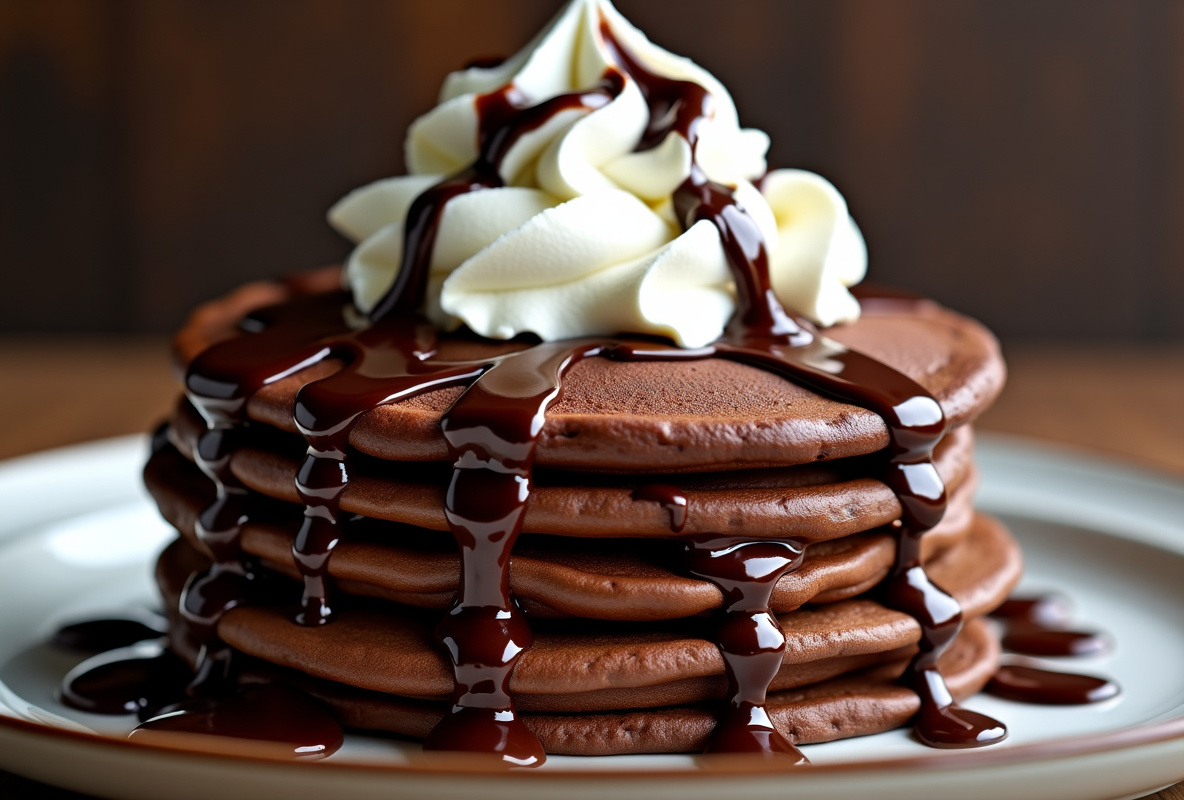 Chocolate ice cream pancakes with whipped cream and chocolate sauce