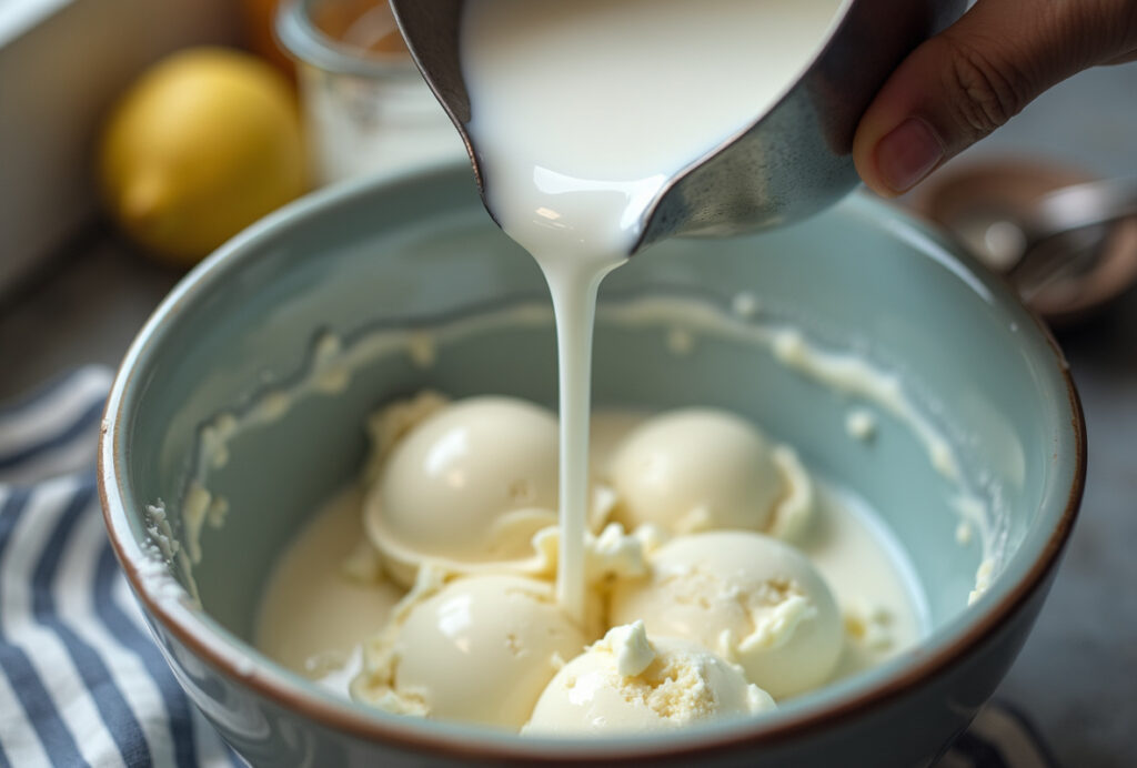 Pouring milk into a mixing bowl for homemade ice cream.