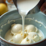 Pouring milk into a mixing bowl for homemade ice cream.