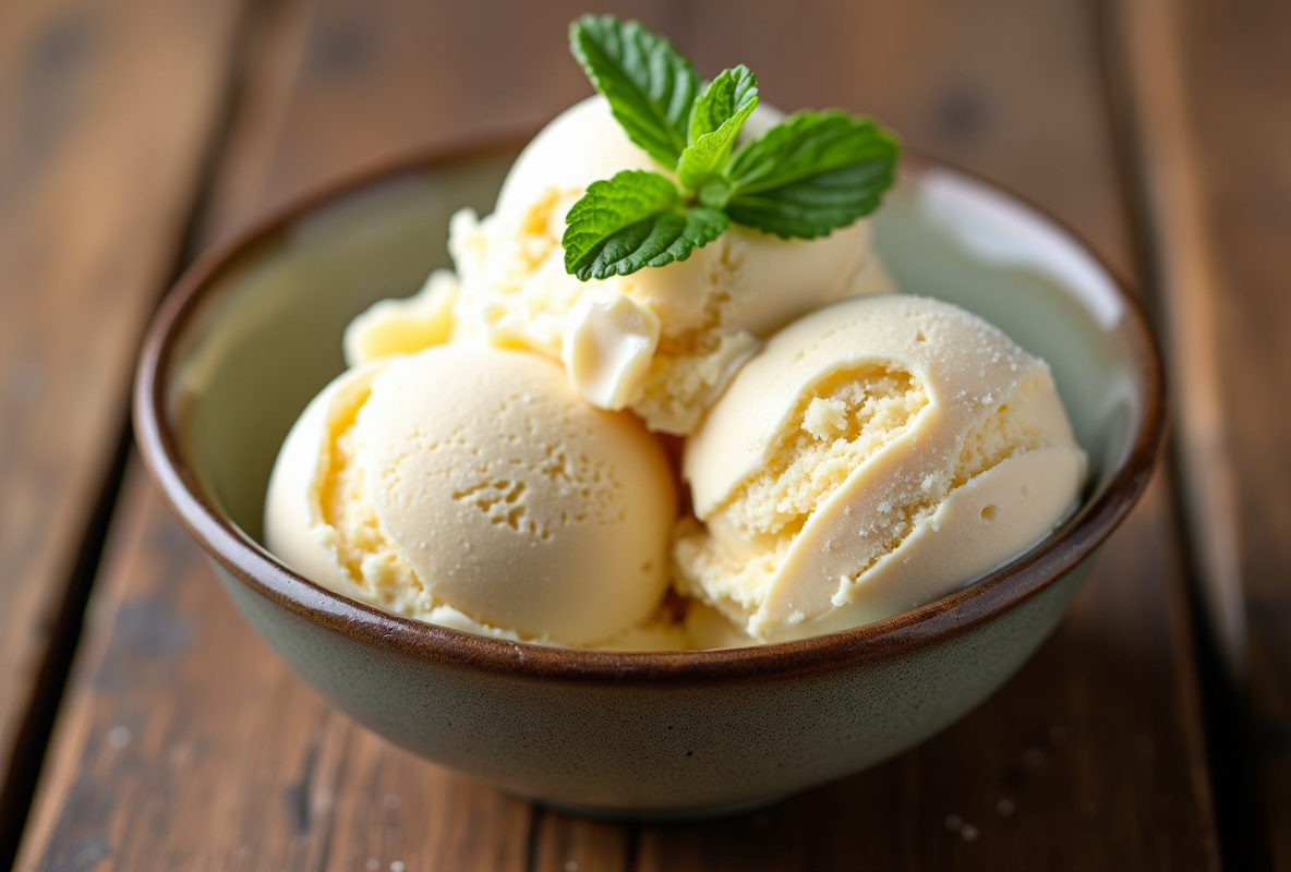  Homemade vanilla ice cream in a bowl with a sprig of mint.