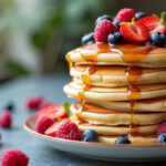 Stack of ice cream pancakes with fresh berries and syrup.