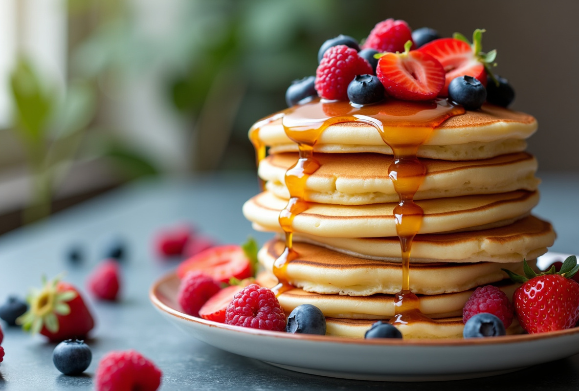 Stack of ice cream pancakes with fresh berries and syrup.