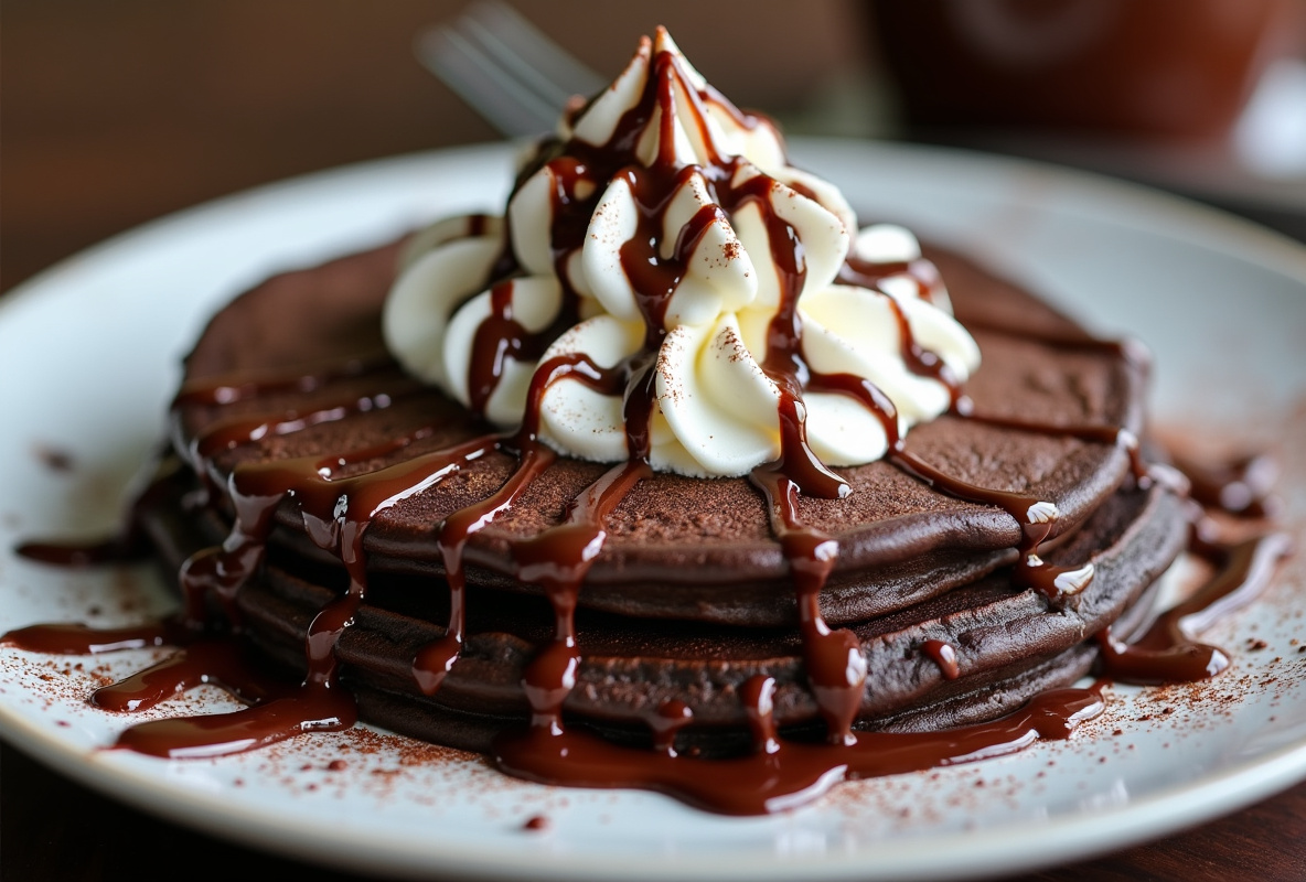 Chocolate ice cream pancakes with whipped cream and chocolate sauce.