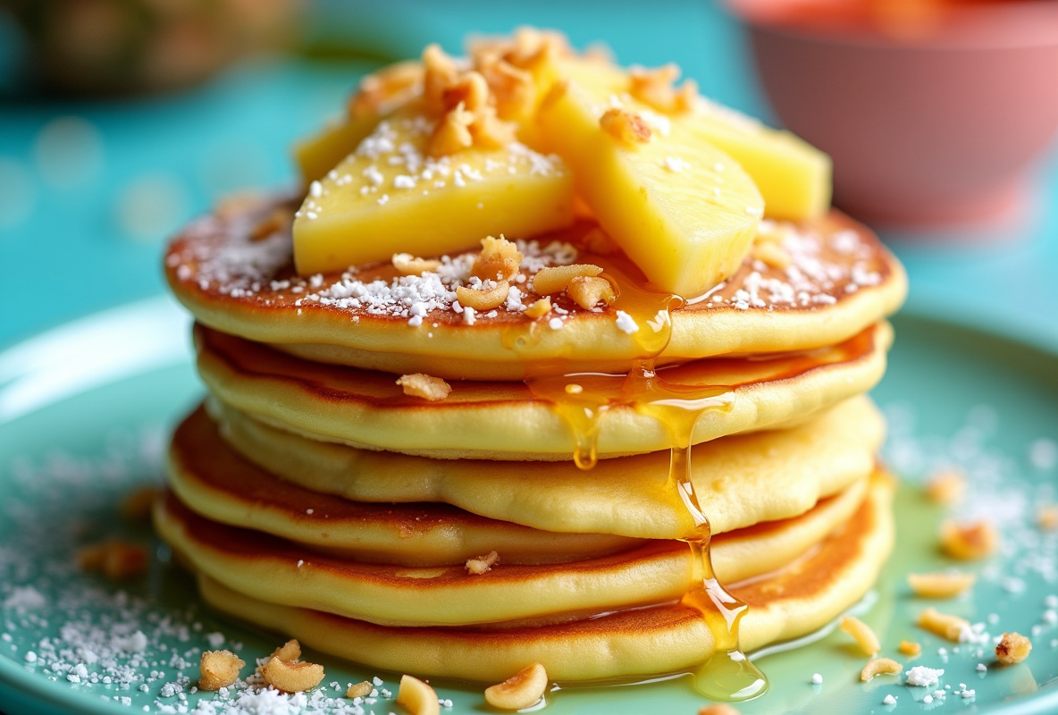  Tropical ice cream pancakes with pineapple and coconut.