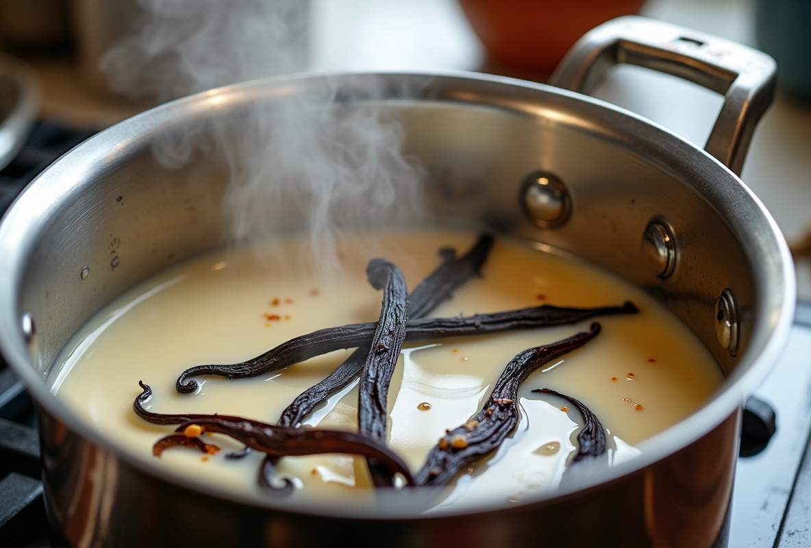 Mixing ingredients for thickened vanilla ice cream.