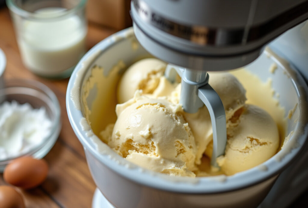 Churning thickened ice cream in an ice cream maker.