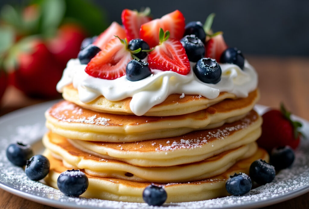 Stack of ice cream pancakes topped with fresh berries.