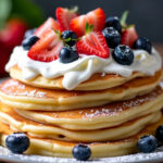 Stack of ice cream pancakes topped with fresh berries.