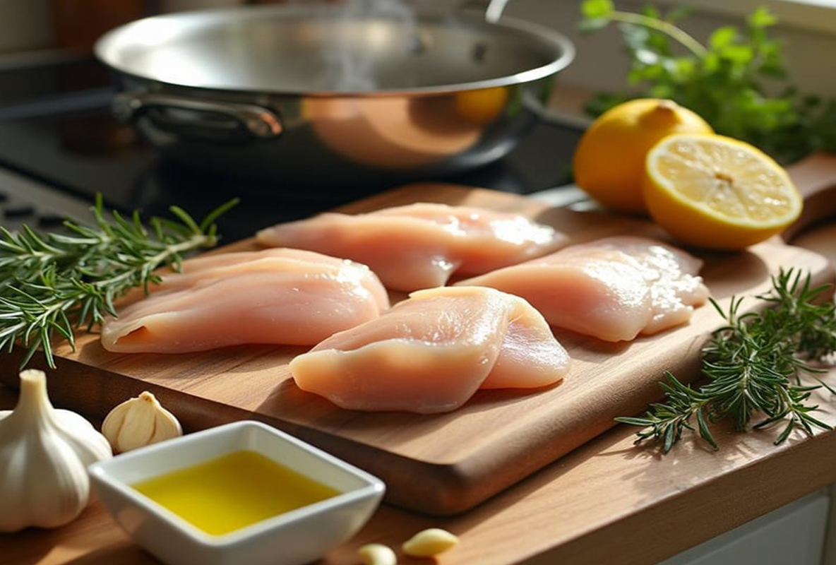 Thin sliced chicken breast on a cutting board