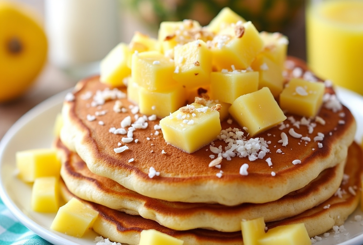 Tropical ice cream pancakes with pineapple and coconut.