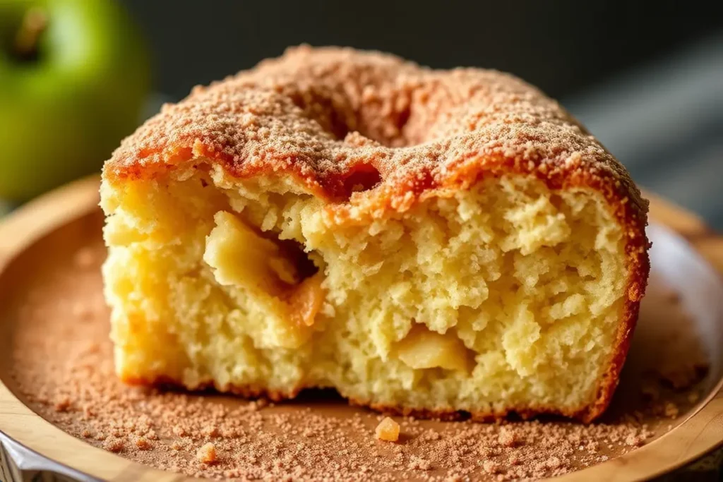 Slice of quick apple cider donut cake with cinnamon sugar on top.