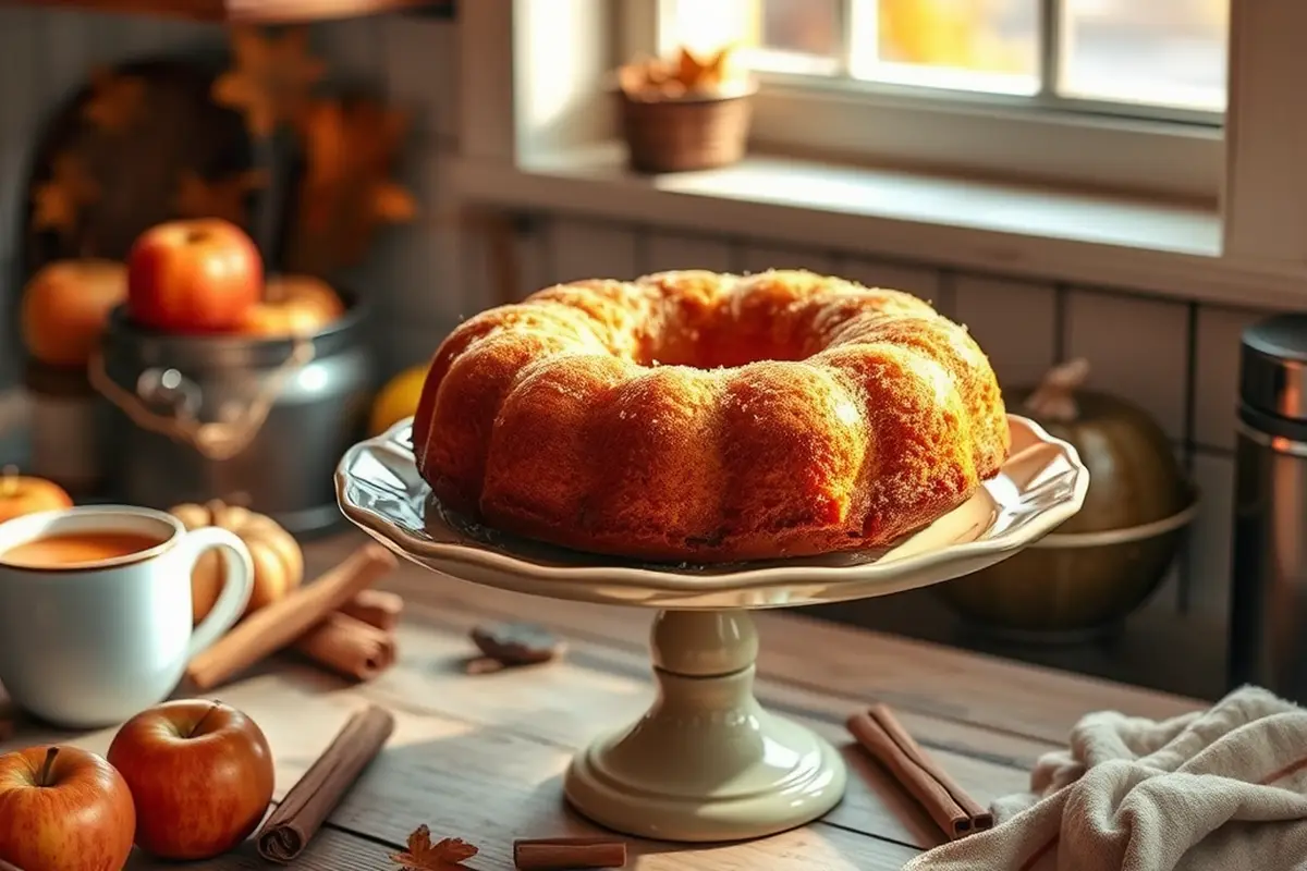 Freshly baked quick apple cider donut cake in a cozy kitchen setting.