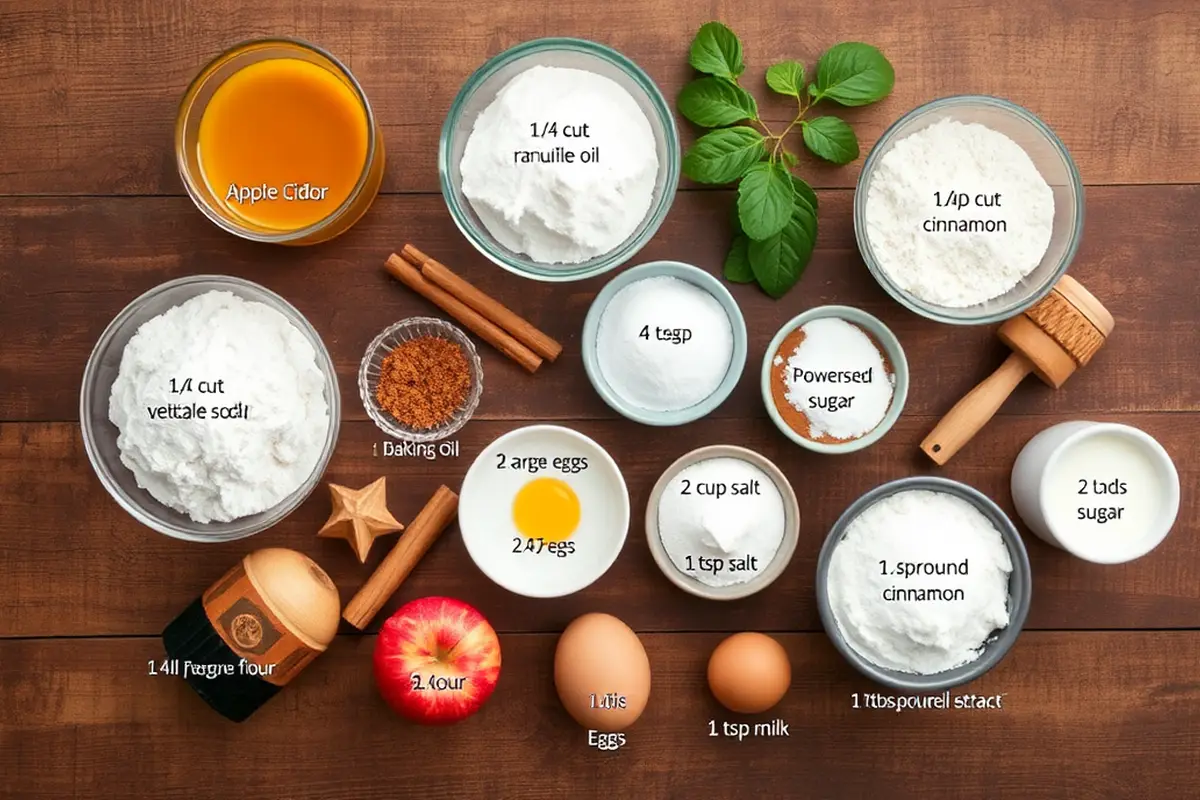 Fresh ingredients for quick apple cider donut cake arranged on a wooden table.