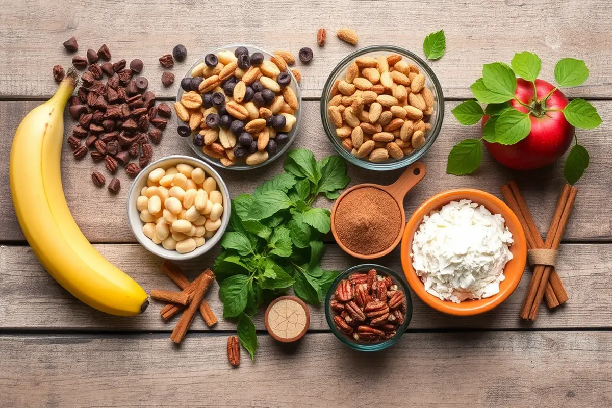 Fresh ingredients for various overnight oats flavors