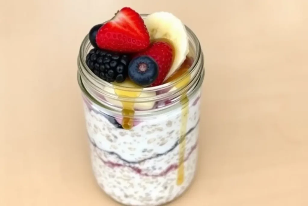 Layered overnight oats in a jar with fresh fruits