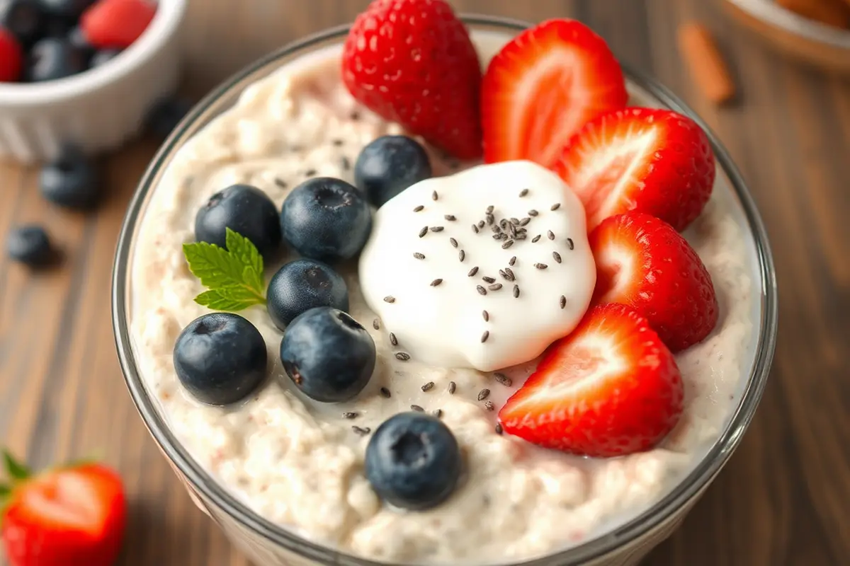 Bowl of overnight oats with yogurt and berries