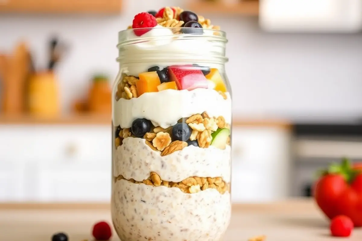 Layered overnight oats in a jar with yogurt and fruits