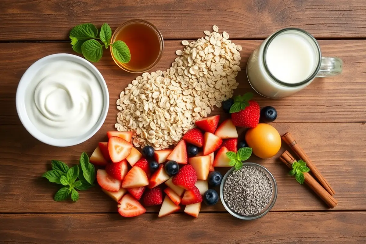 Fresh ingredients for overnight oats arranged on a wooden table