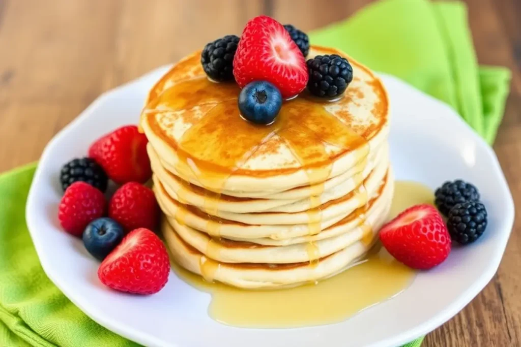 Fluffy protein pancakes topped with fresh berries and honey