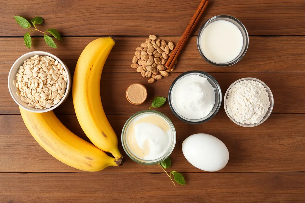 Ingredients for protein pancakes arranged on a wooden table