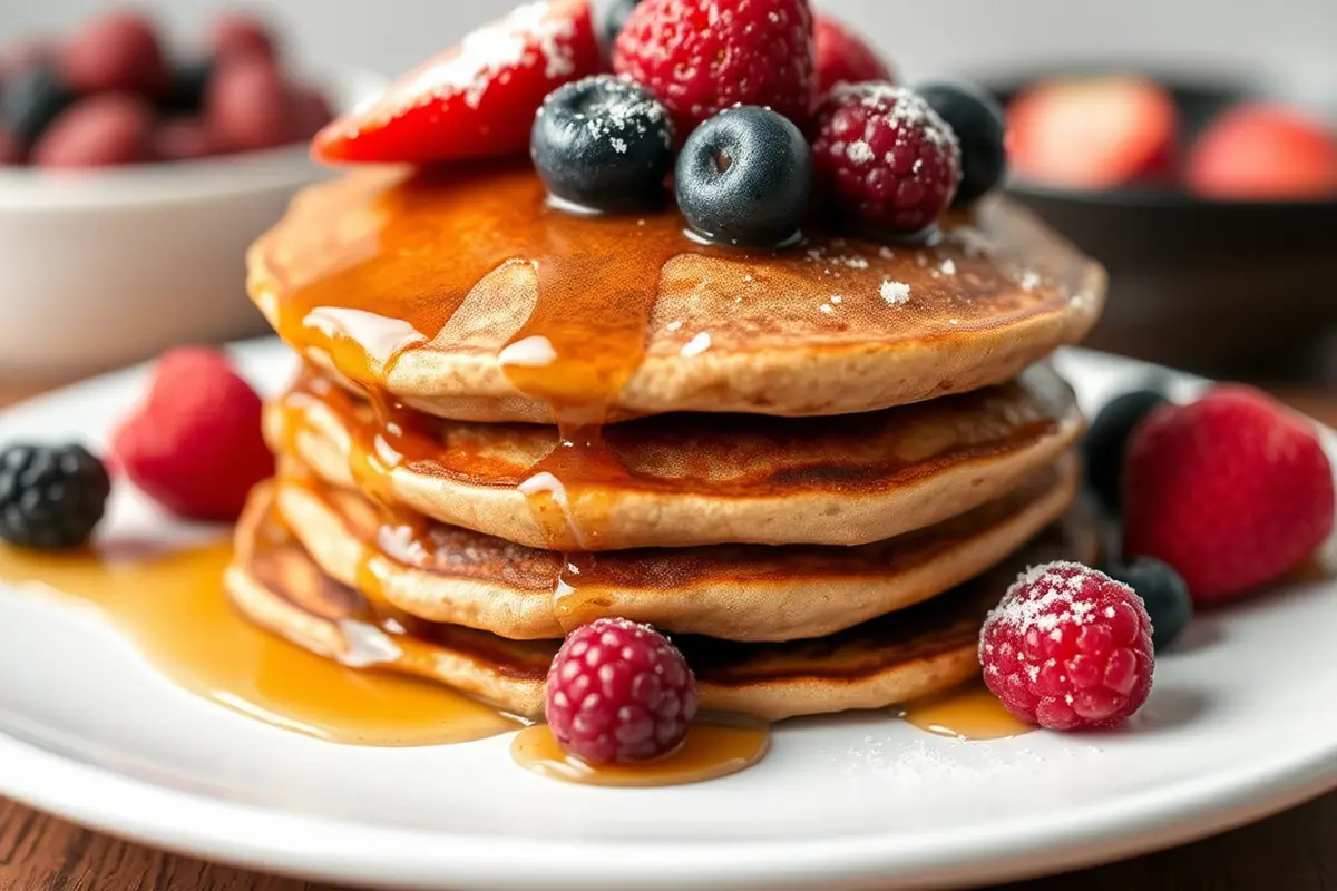 Fluffy protein pancakes topped with syrup and berries.