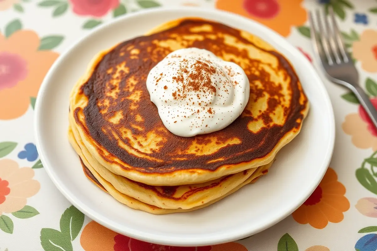 Protein pancakes garnished with yogurt and cinnamon.