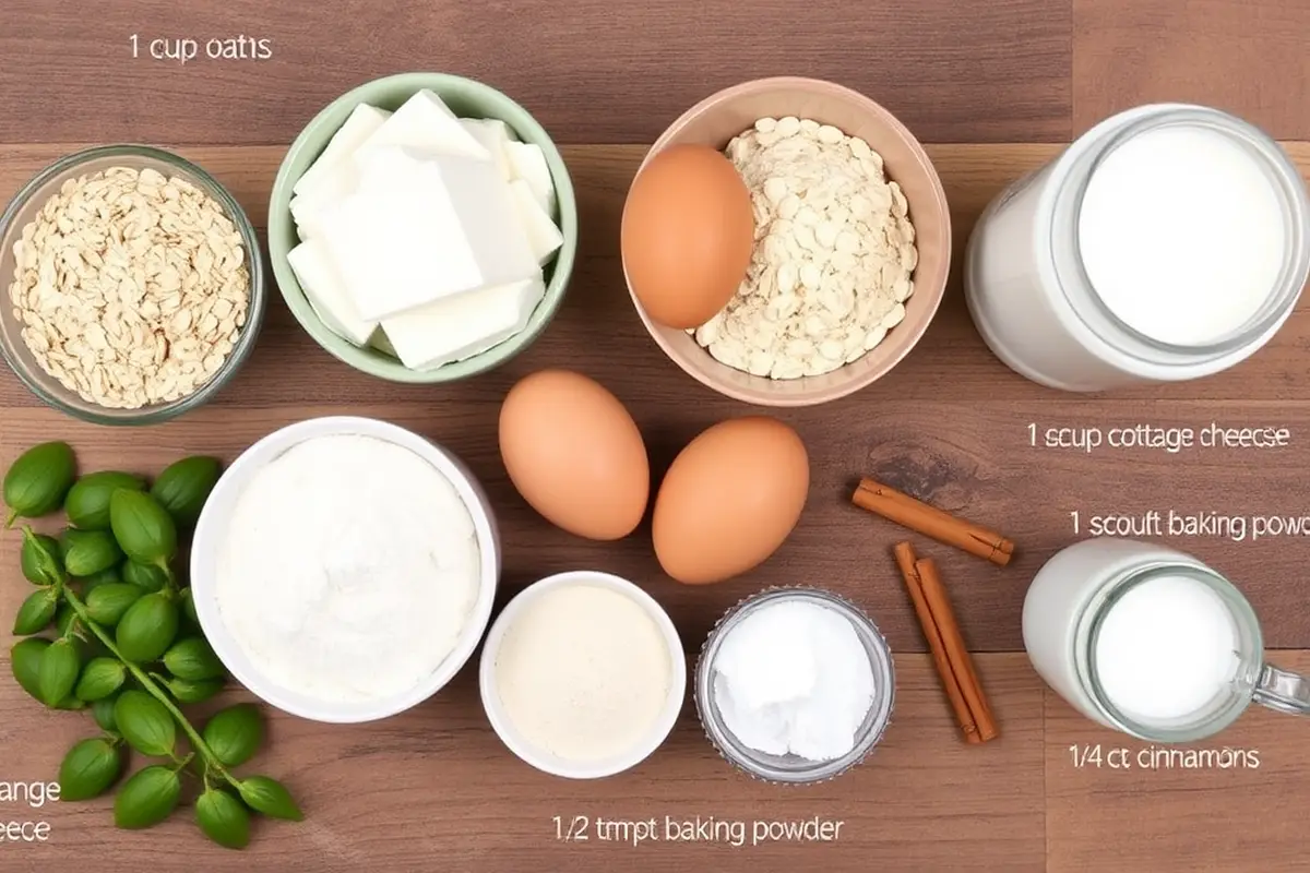 Ingredients for protein pancakes displayed on a wooden table.