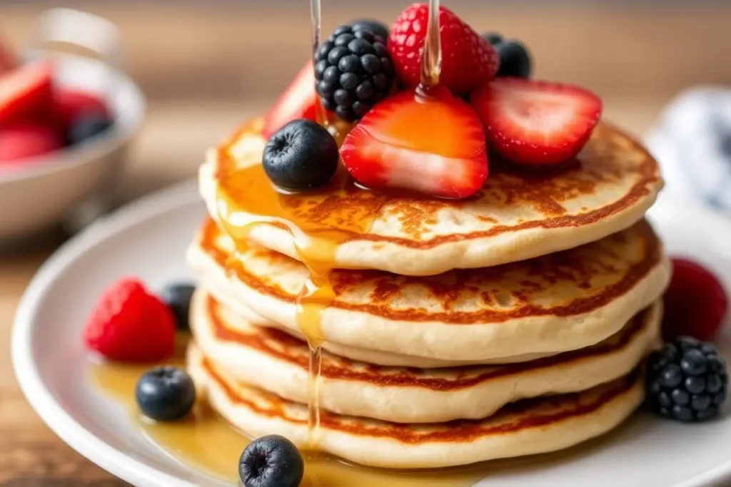 Pancakes made with protein powder instead of flour topped with berries and honey