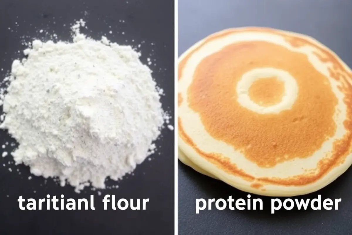 Comparison of protein powder and flour with pancakes in the background