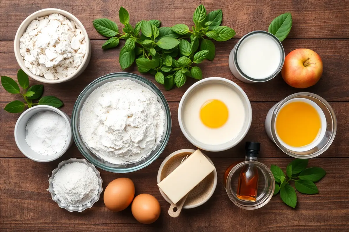 Ingredients for pancakes including protein powder, flour, eggs, and more arranged on a wooden table