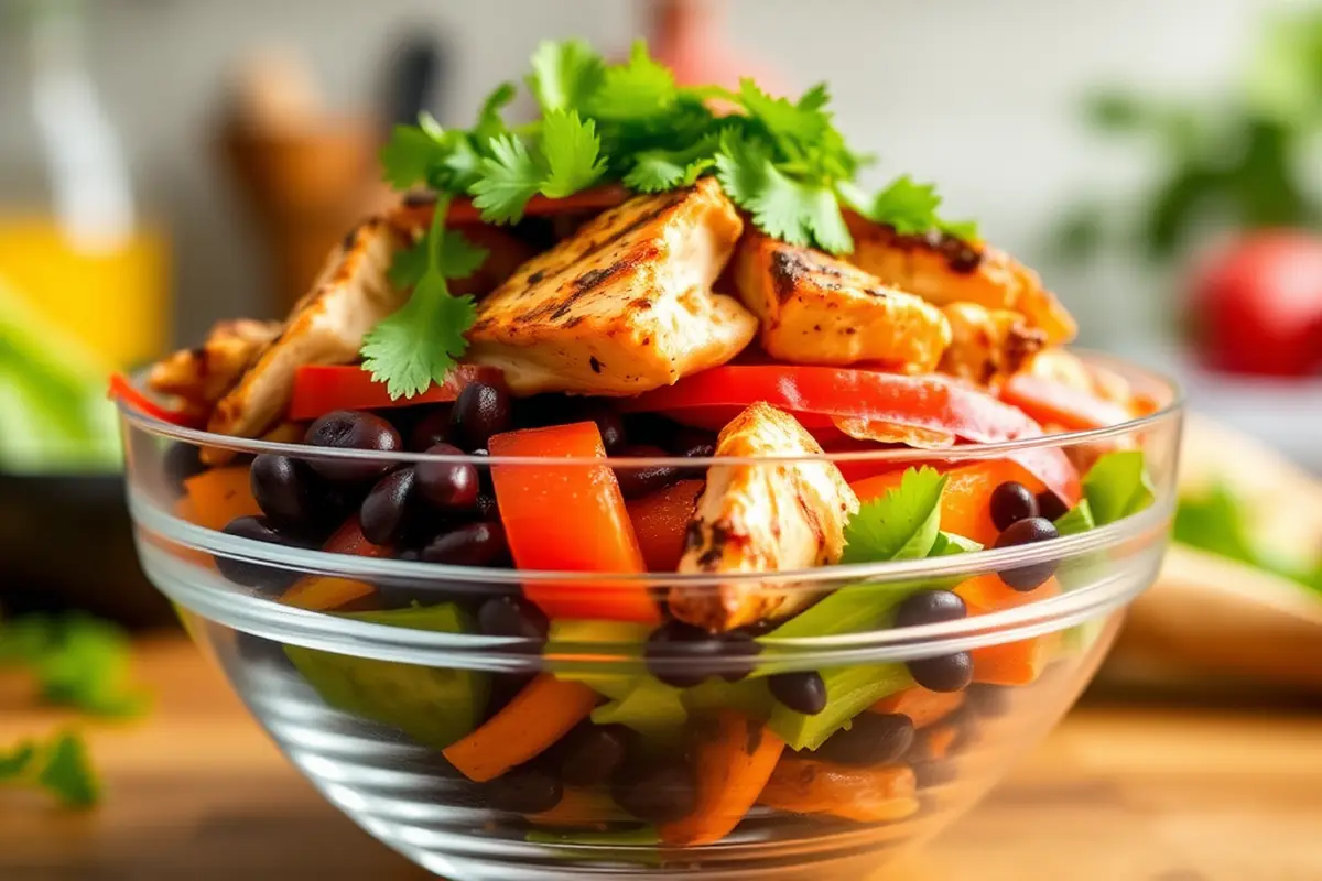 Meal prep chicken burrito bowl with grilled chicken and fresh vegetables.