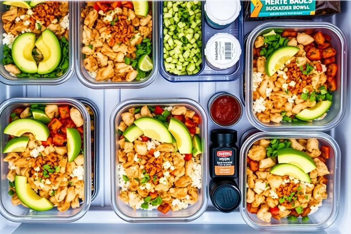 Meal prep chicken burrito bowls organized in the fridge.