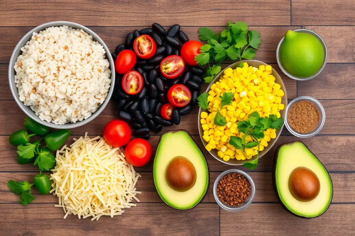 Fresh ingredients for chicken burrito bowls arranged on a wooden table.