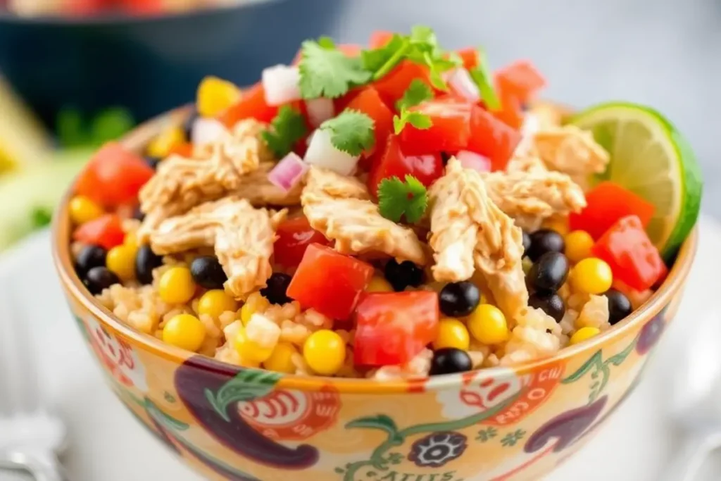 A delicious chicken burrito bowl featuring rice, beans, corn, and toppings.