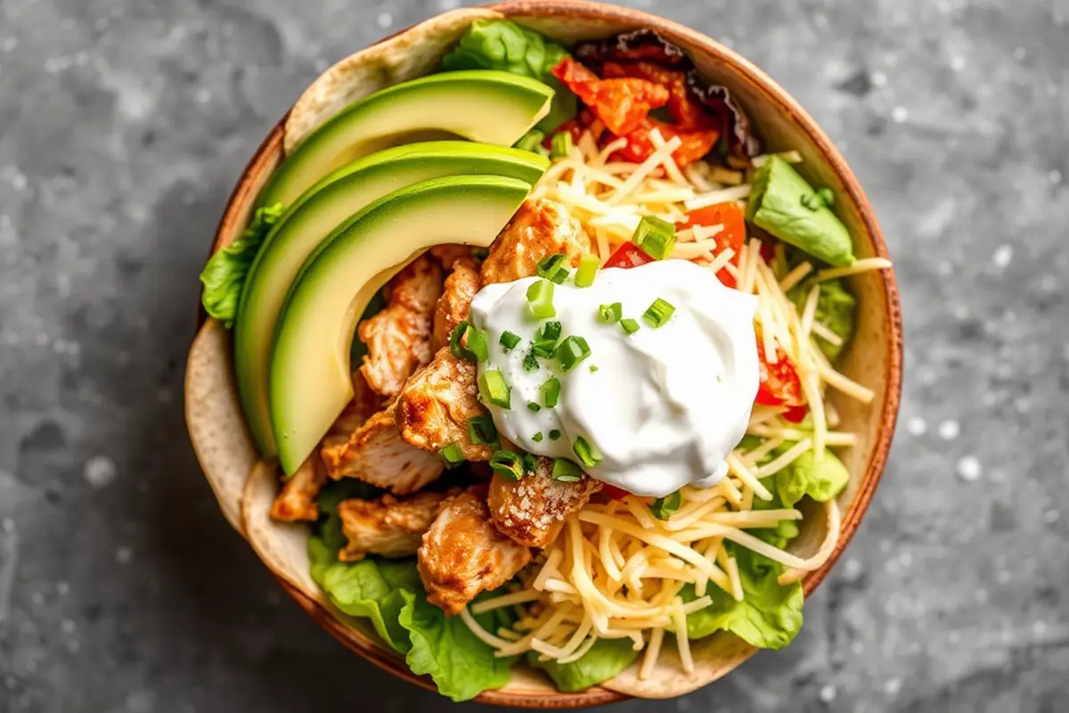 Overhead view of a chicken burrito bowl showcasing fresh toppings.