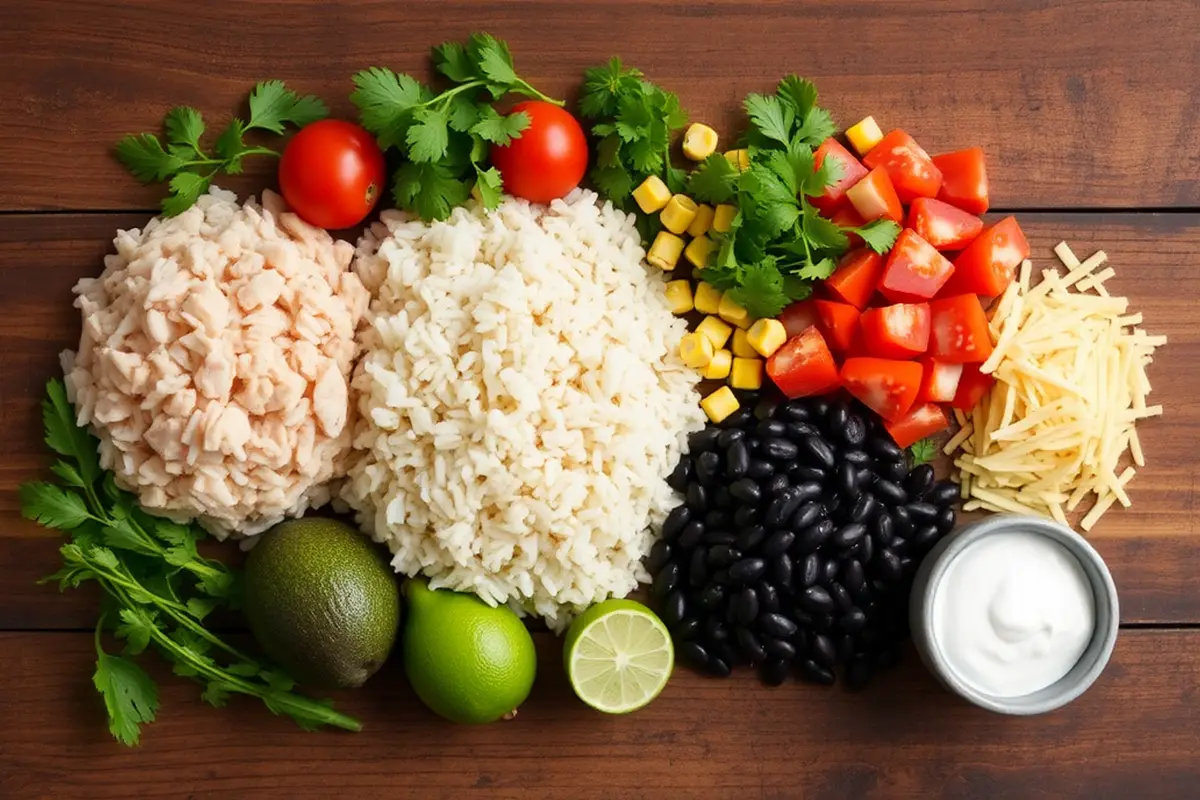 Fresh ingredients for chicken burrito bowls arranged on a wooden table.