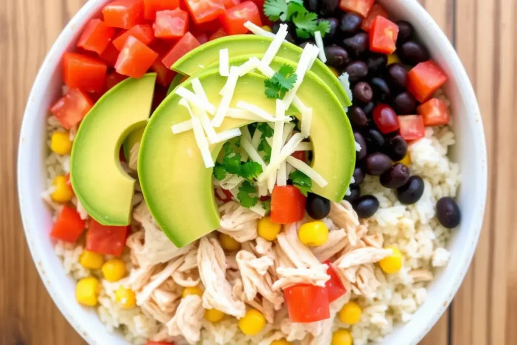 Close-up of a vibrant chicken burrito bowl filled with fresh ingredients