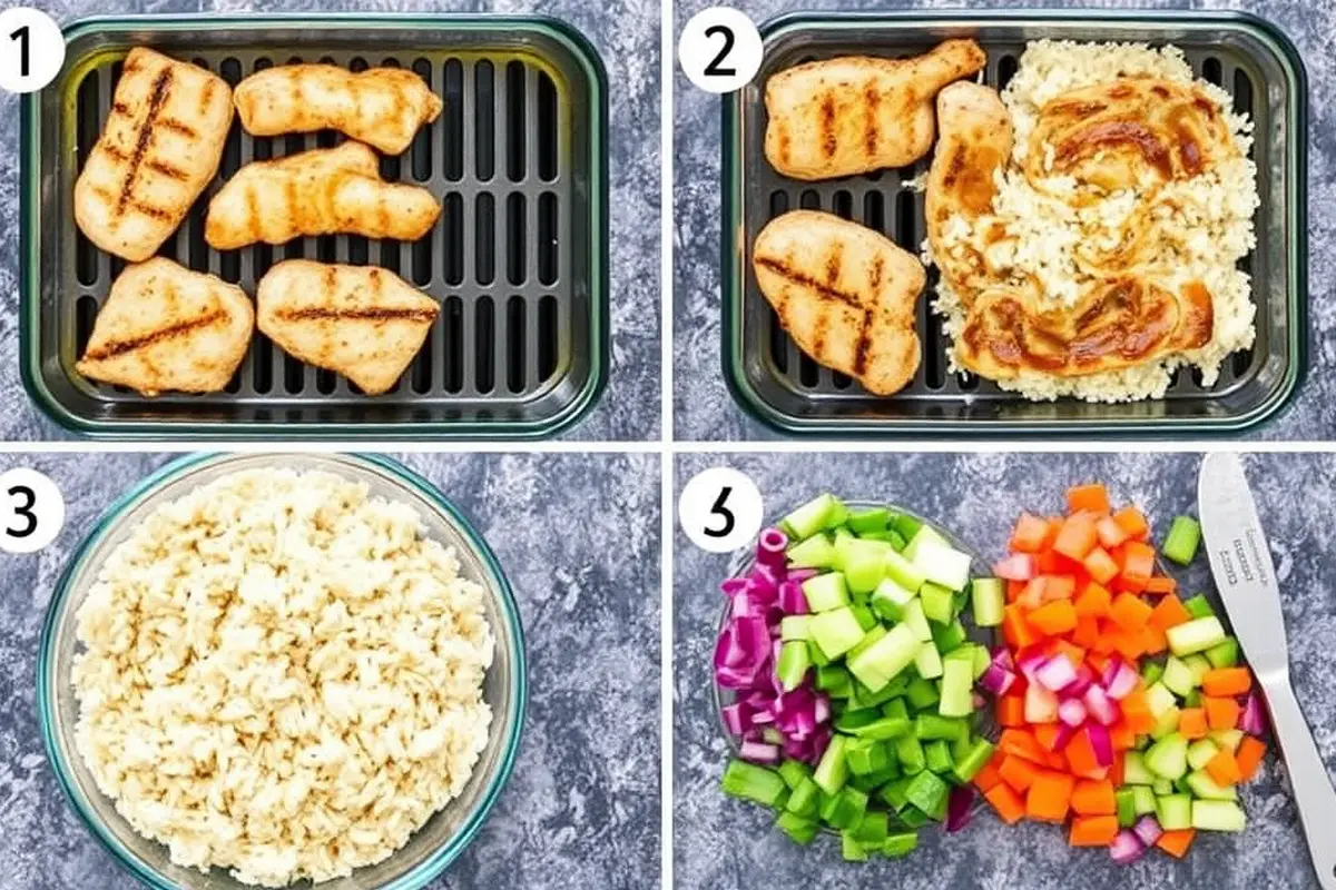 Collage of meal prep steps for chicken burrito bowls