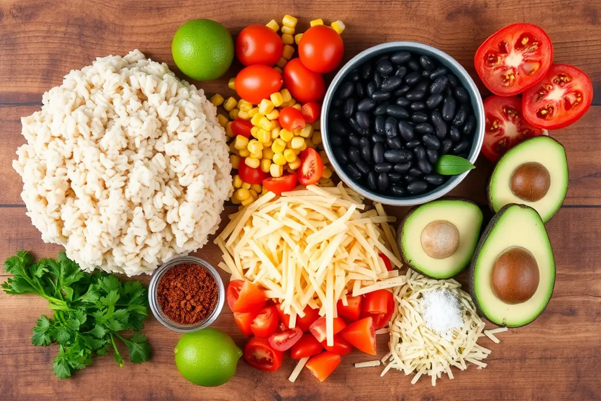 Top-down view of fresh ingredients for chicken burrito bowls