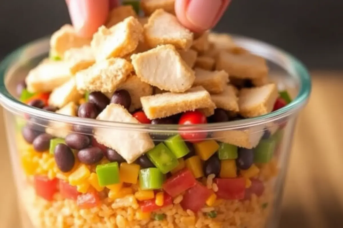 Layers of chicken burrito bowl ready for freezing in a glass container.