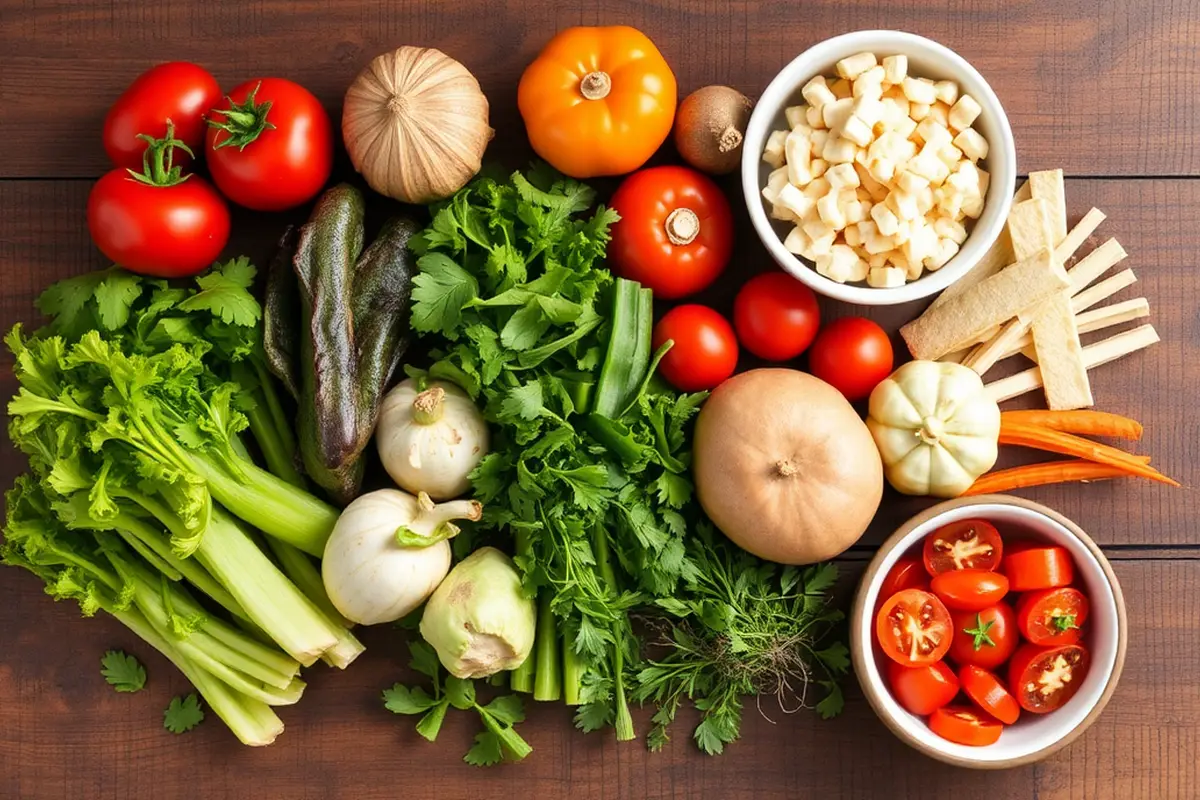 A beautifully arranged display of fresh ingredients for chicken burrito bowls on a rustic wooden table.