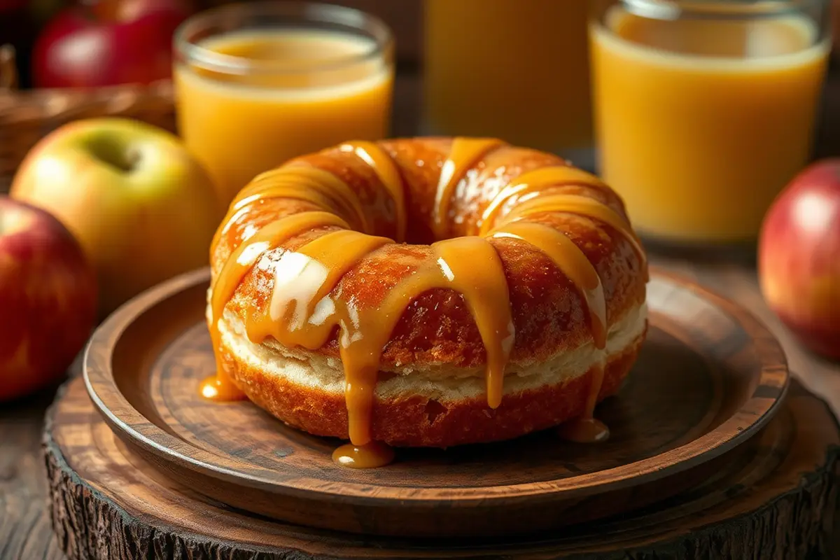 Delicious apple cider donut with caramel glaze and fresh apples