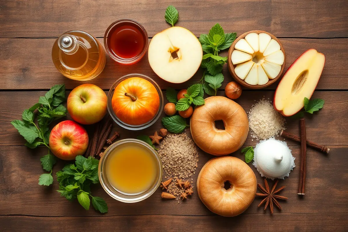 Fresh ingredients for apple cider donuts on a rustic wooden table