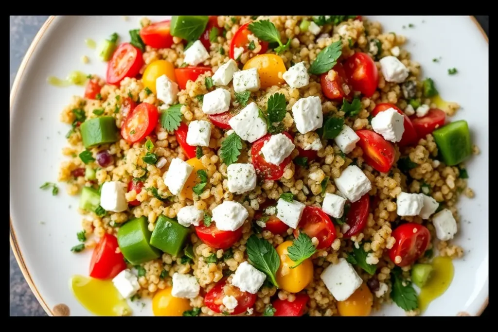 Mediterranean quinoa salad with feta on a serving platter