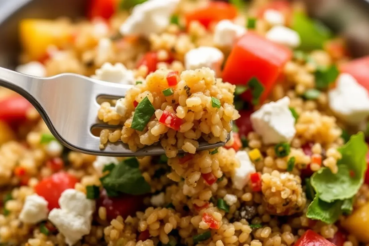 Close-up of Mediterranean quinoa salad with feta and a fork