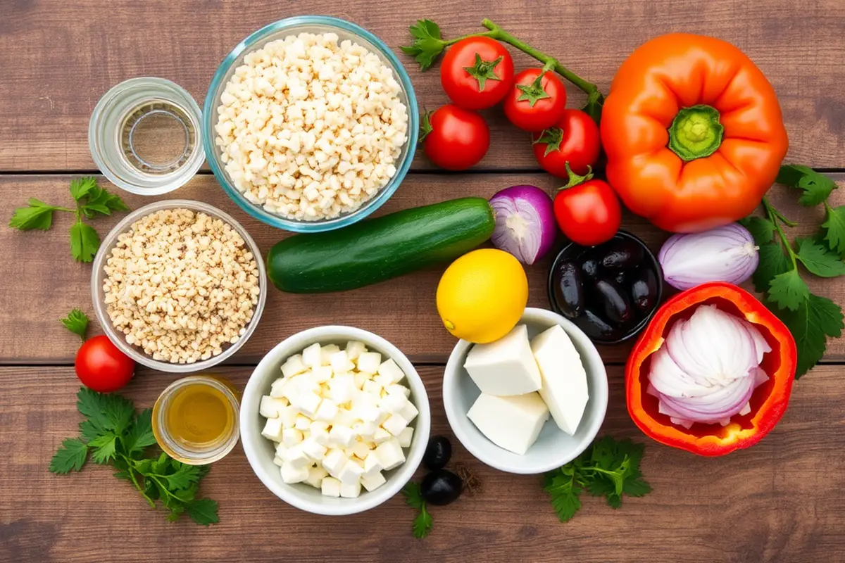 Fresh ingredients for Mediterranean quinoa salad with feta on a wooden table