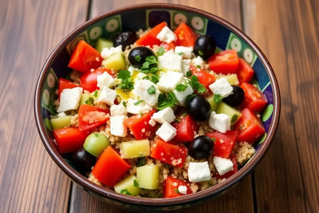 Bowl of Mediterranean quinoa salad with feta, tomatoes, cucumbers, and olives.