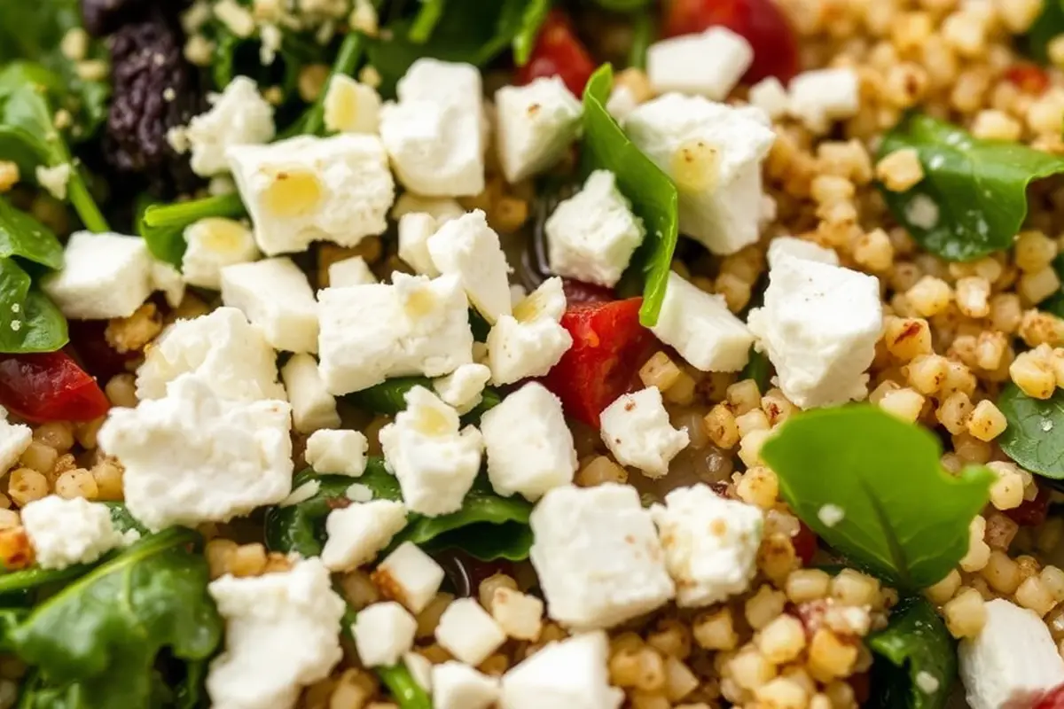 Close-up of crumbled feta in Mediterranean quinoa salad.