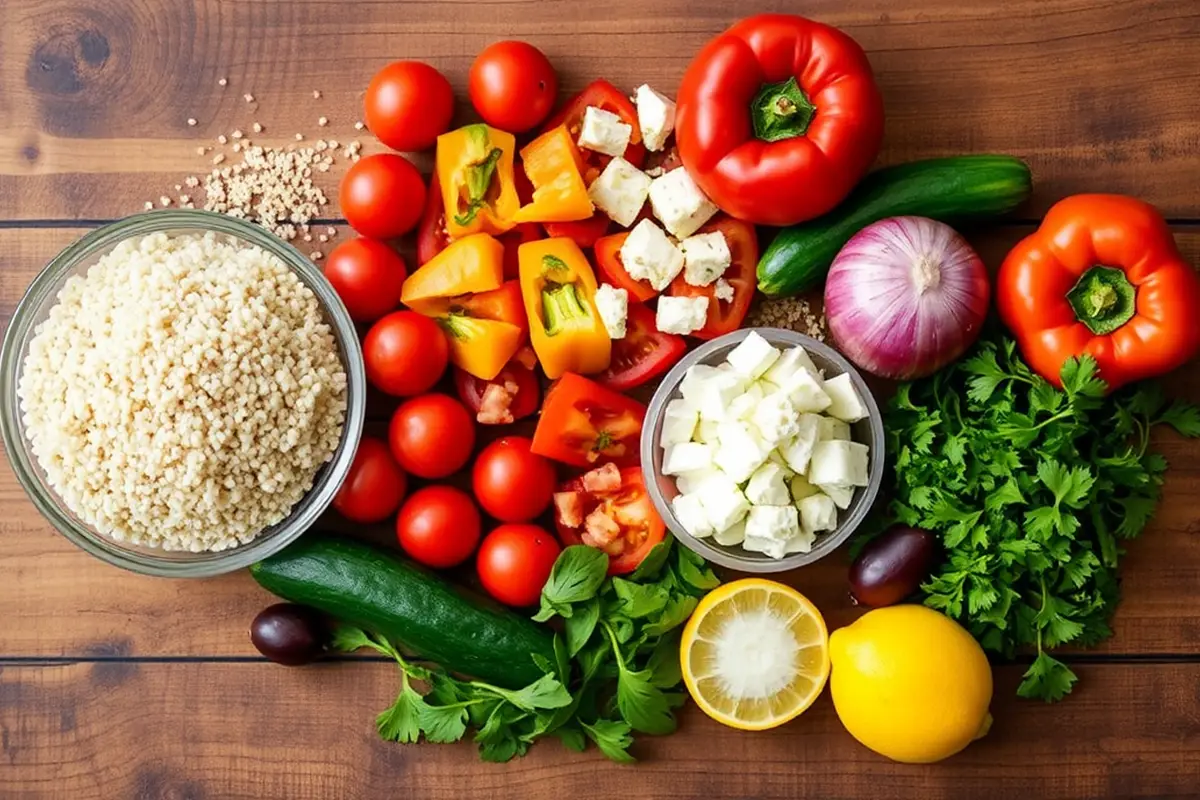 Top view of all ingredients for Mediterranean quinoa salad arranged on a wooden table.