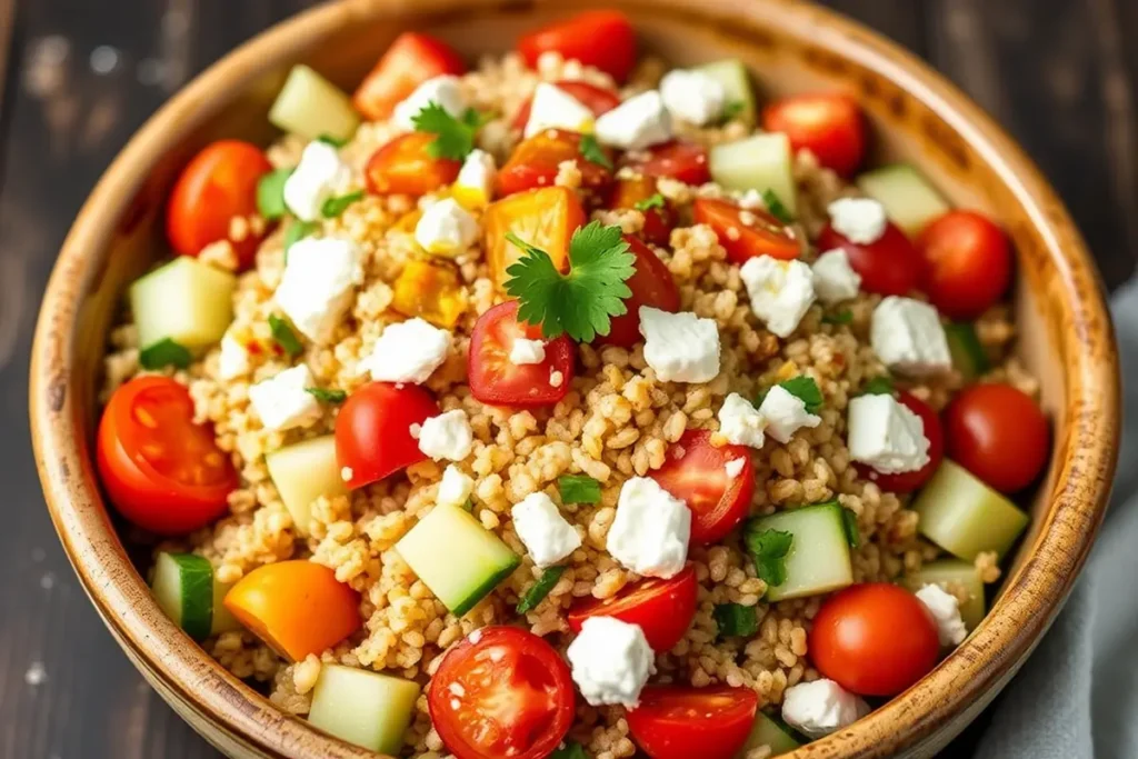 Mediterranean quinoa salad with feta cheese and fresh vegetables.